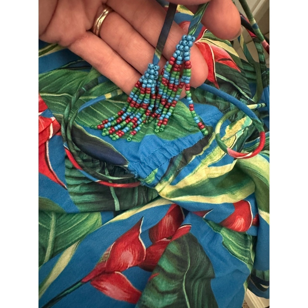 Farm Rio Blue Tropical Botanical Print Beaded Tiered Midi Dress Large - Picture 7 of 8